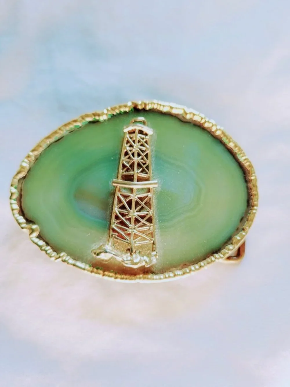Green Agate & Gold Western Belt Buckle.